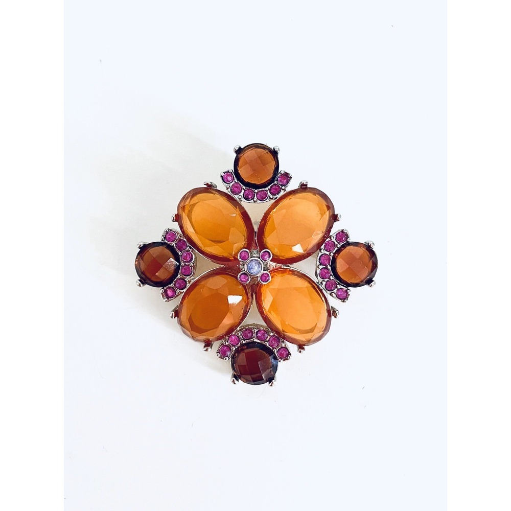 Monet Amber Orange Resin Pink Rhinestone Flower Brooch Silver Tone Statement Pin